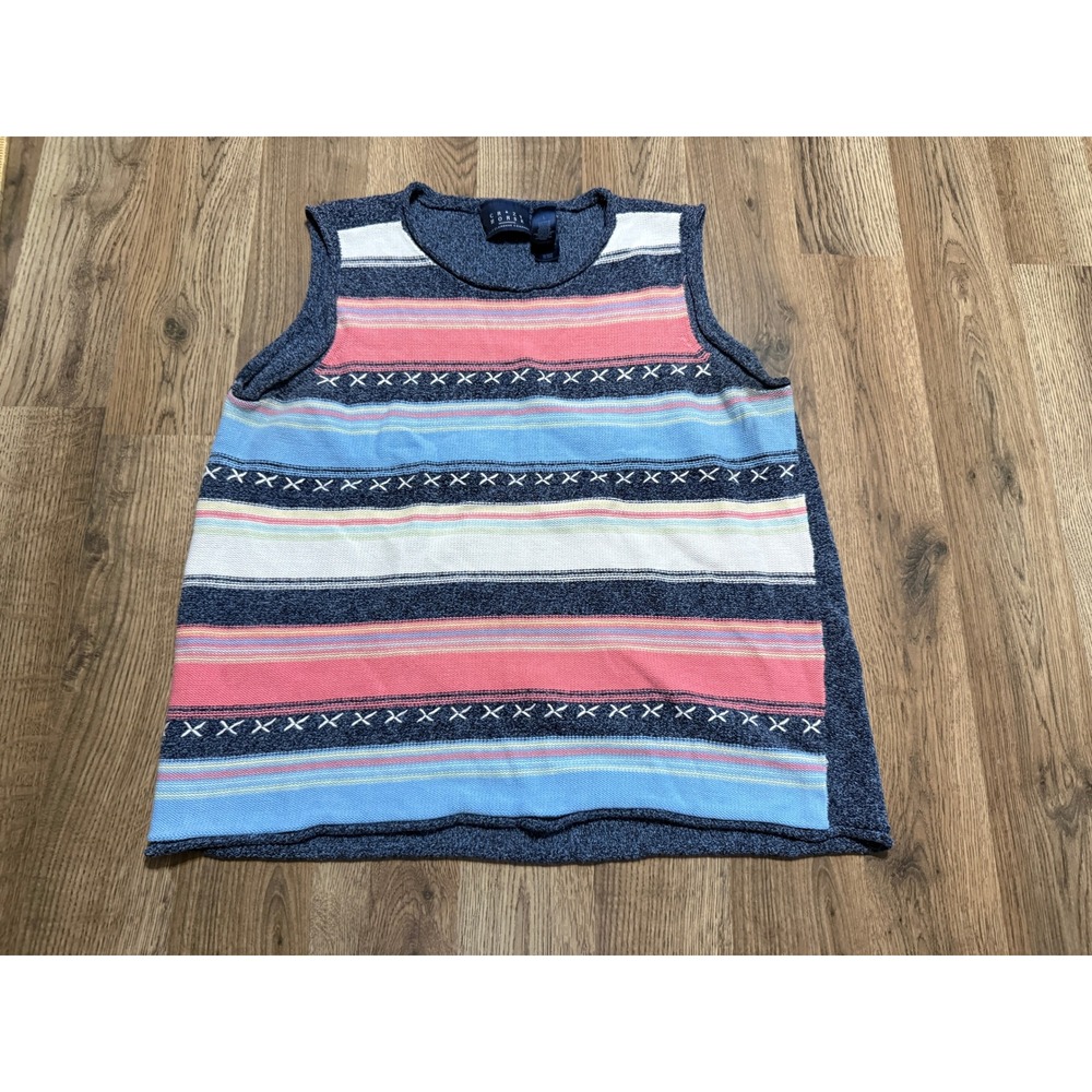 Crazy Horse Sweater Vest Womens Large Blue Striped Adult Knit Sleeveless Casual
